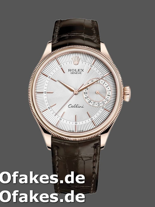 Rolex Cellini Date Rose Gold Silver Crocodile Leather Strap 50515 39mm Mens Replica Watch