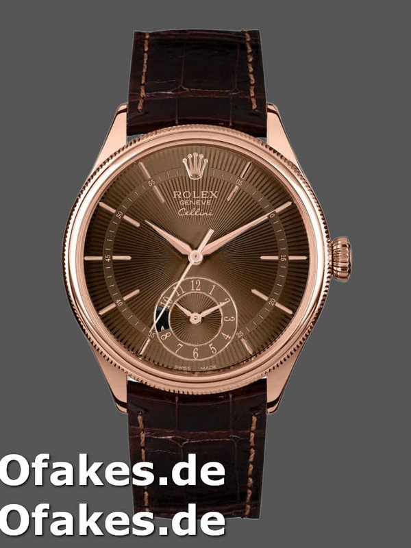 Rolex Cellini Dual Time 50525 Brown Guilloche Dial Brown Leather Strap 39mm Mens Replica Watch