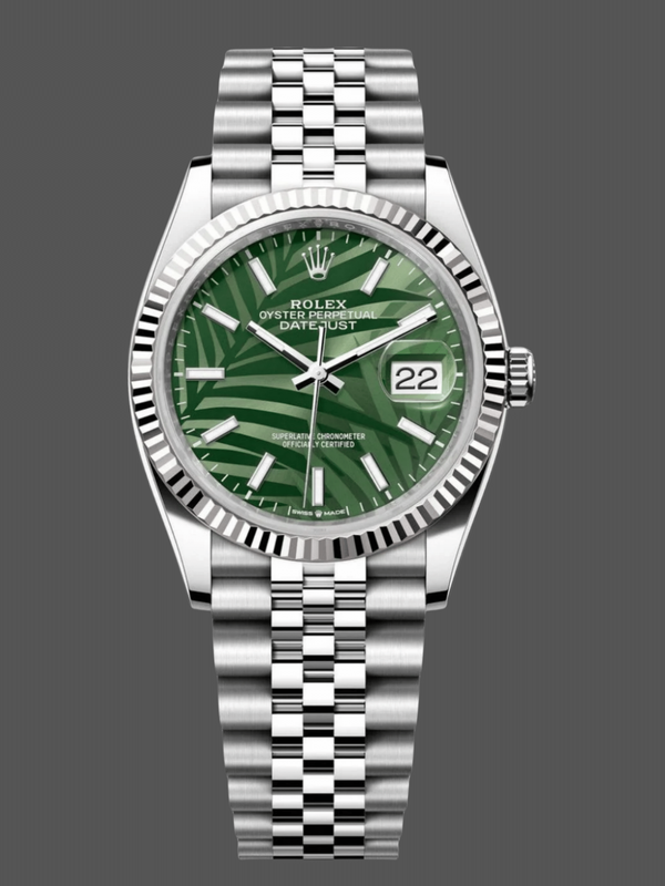 Rolex Datejust 36mm Fluted Bezel Green Palm Index Dial Jubilee 126234 0047