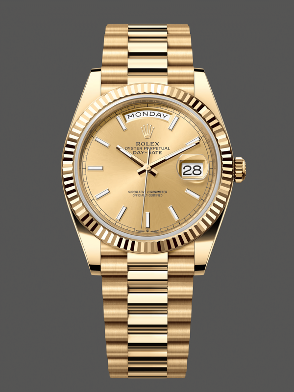 Rolex Day-Date 228238 Champagne Diamond Dial Fluted Bezel 40mm Mens Replica Watch