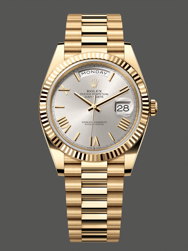 Rolex Day-Date 228238 Silver Roman Dial Fluted Bezel 40mm Mens Replica Watch